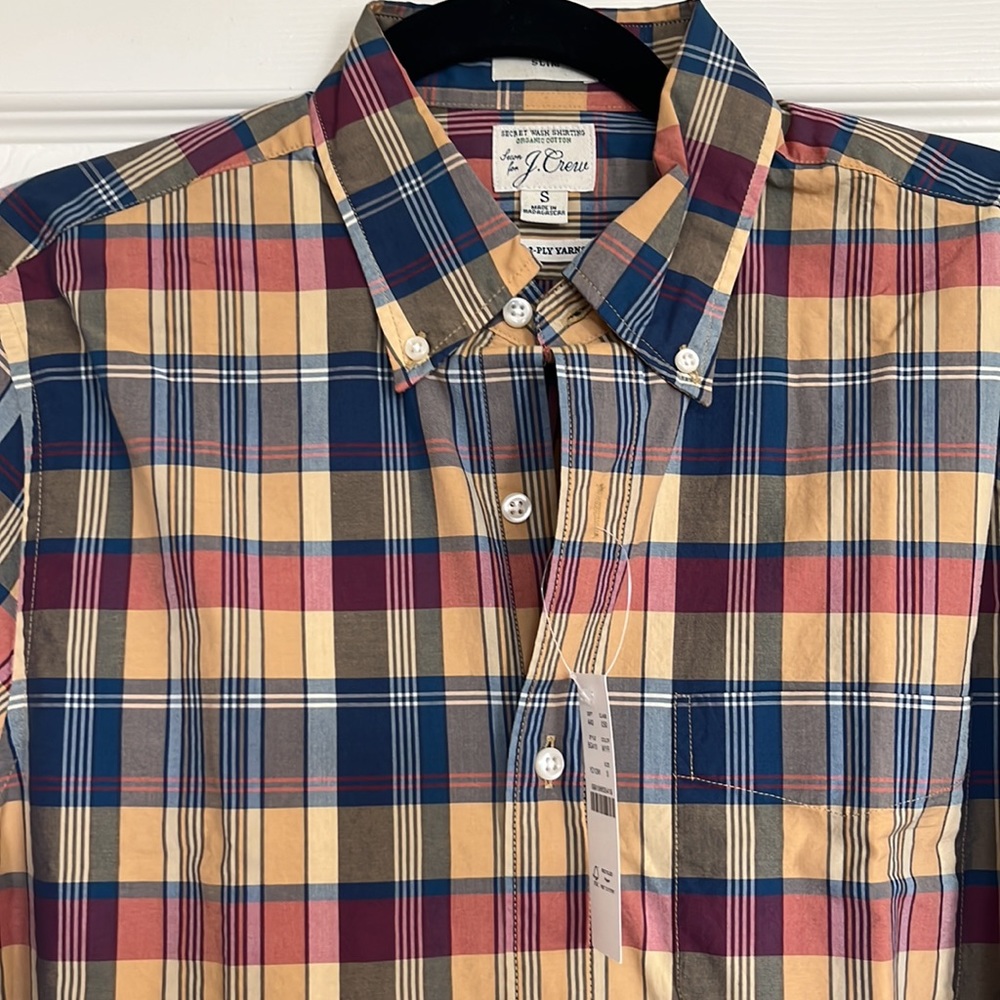 NWT j.Crew mens SZ small button down, slim, organic cotton, plaid